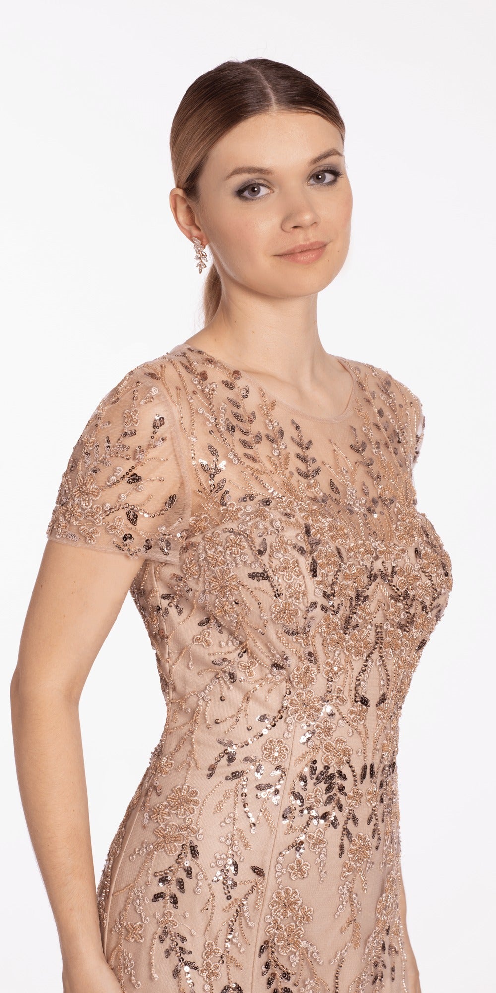 Sequin V Neck Mesh Embroidered Mermaid Dress with Godets