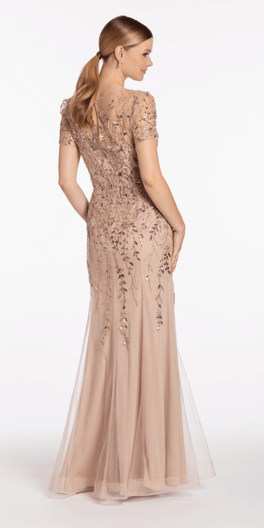 Beaded Plunge Corset Glitter Tulle Ballgown with Bow Back