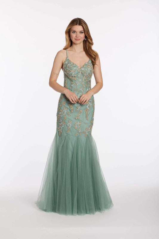 Satin Off the Shoulder Ballgown with Rhinestone Bow Detail