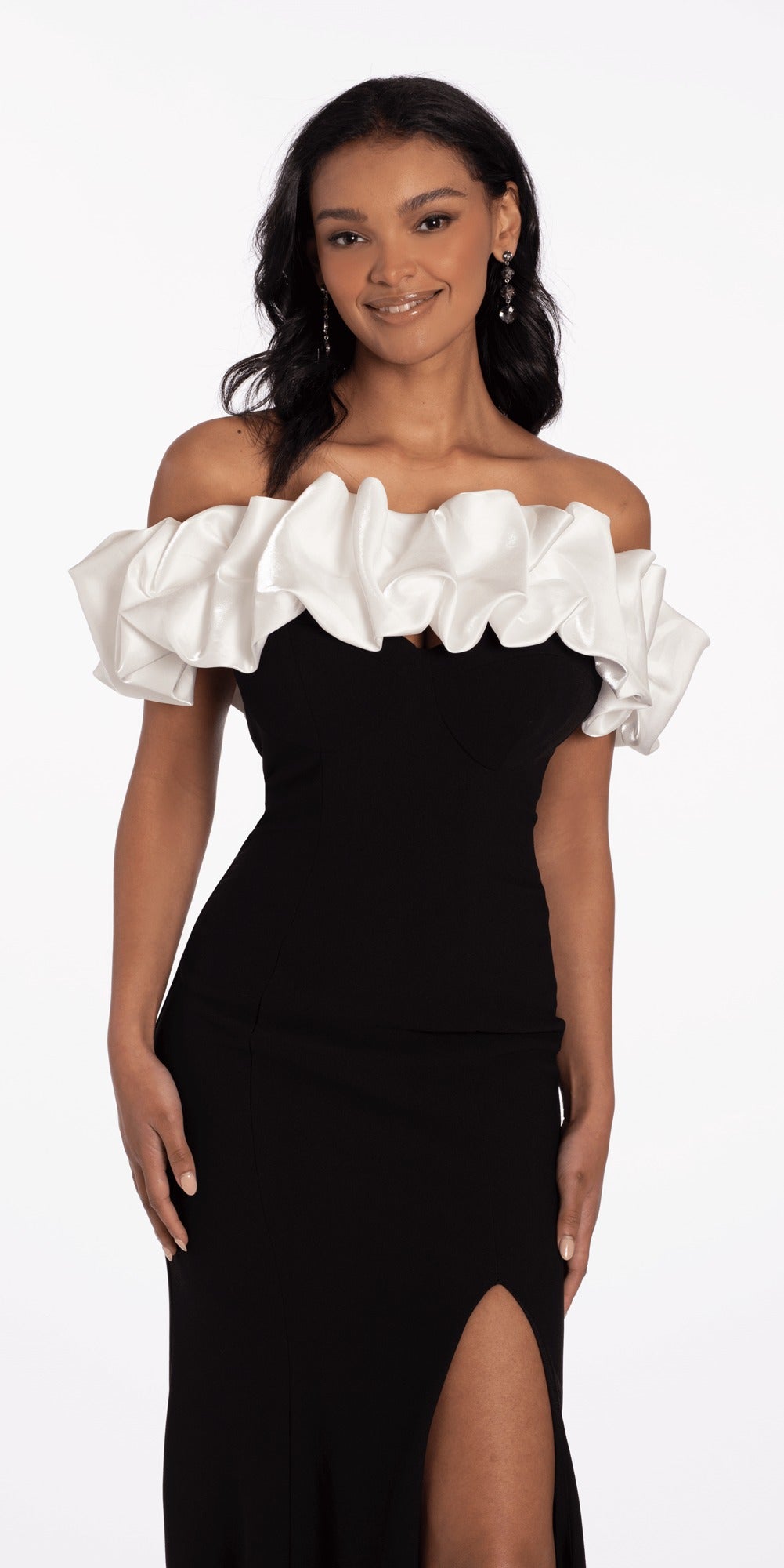 Shimmer Two Tone Off the Shoulder Bow Trumpet Dress