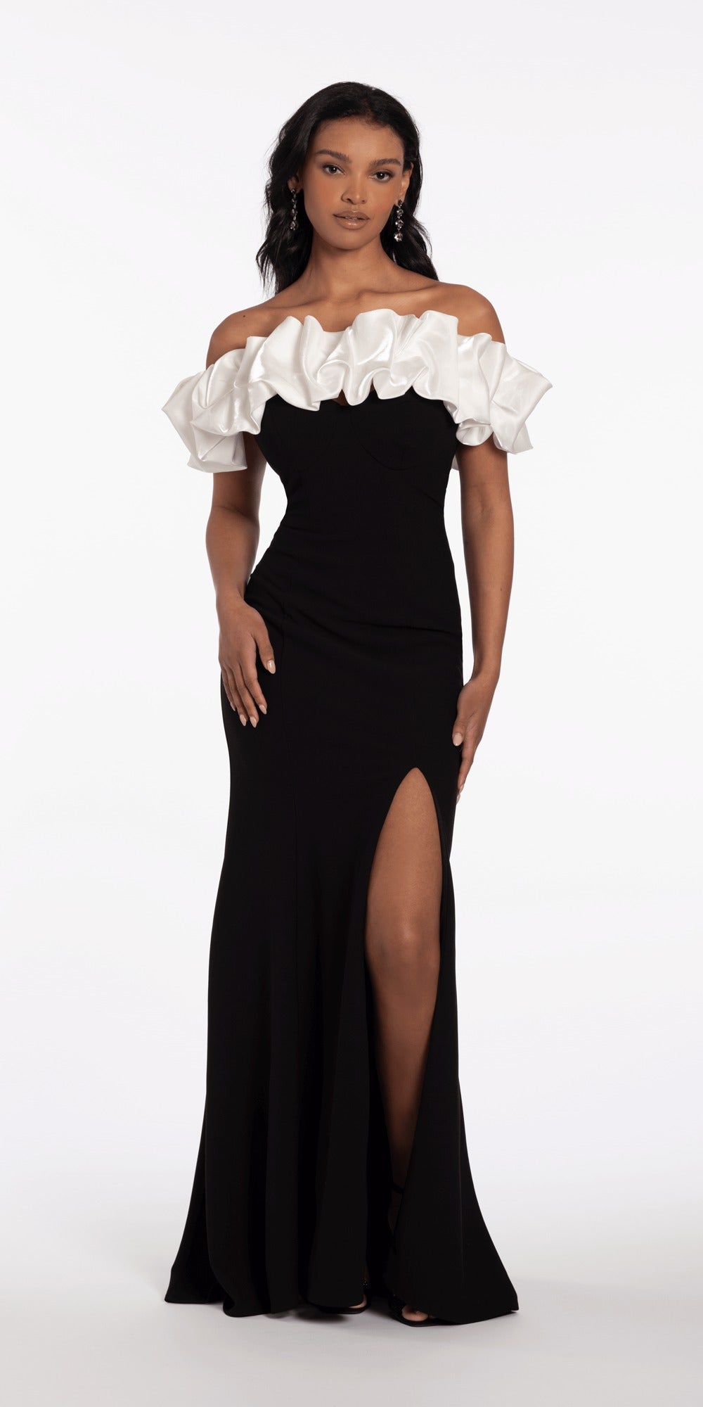 Shimmer Two Tone Off the Shoulder Bow Trumpet Dress