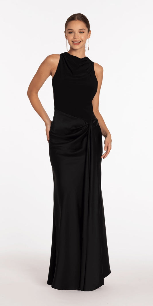 Drape Neck Jersey and Satin Column Dress with Side Sash