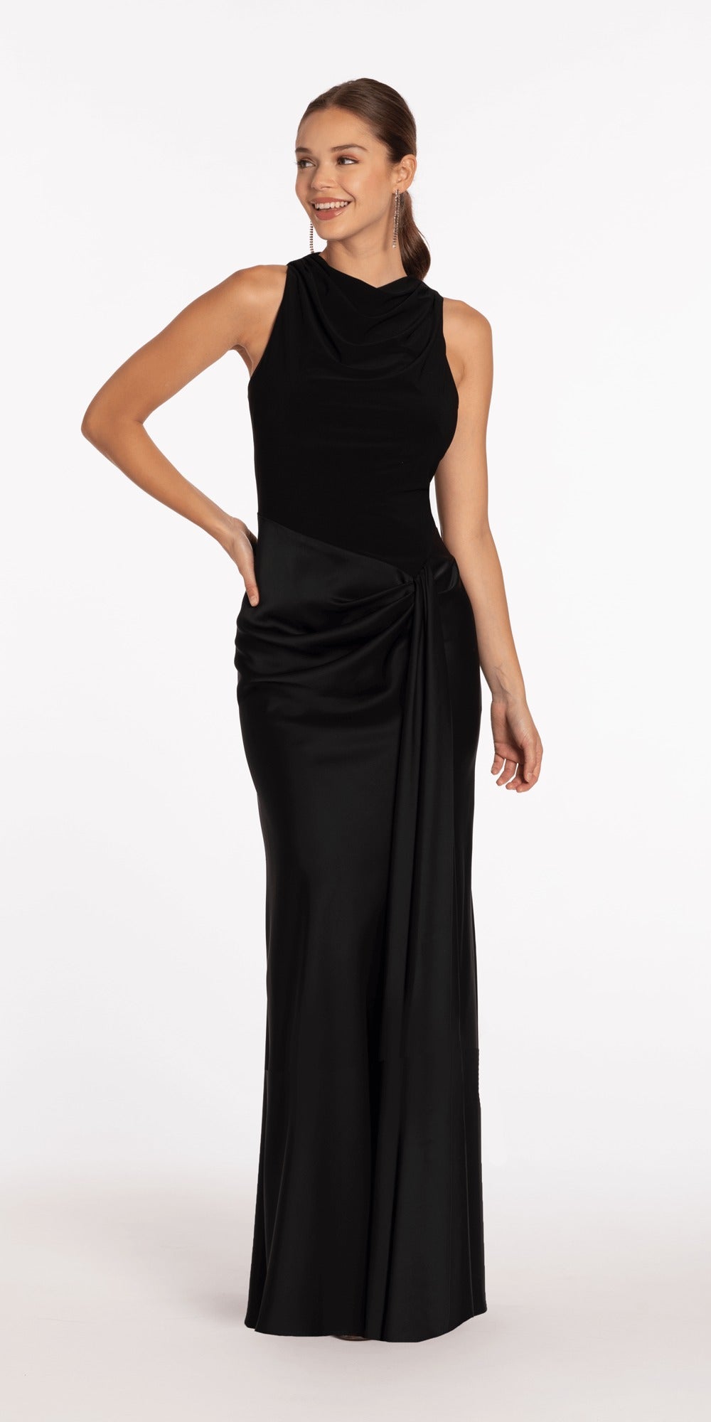 Drape Neck Jersey and Satin Column Dress with Side Sash