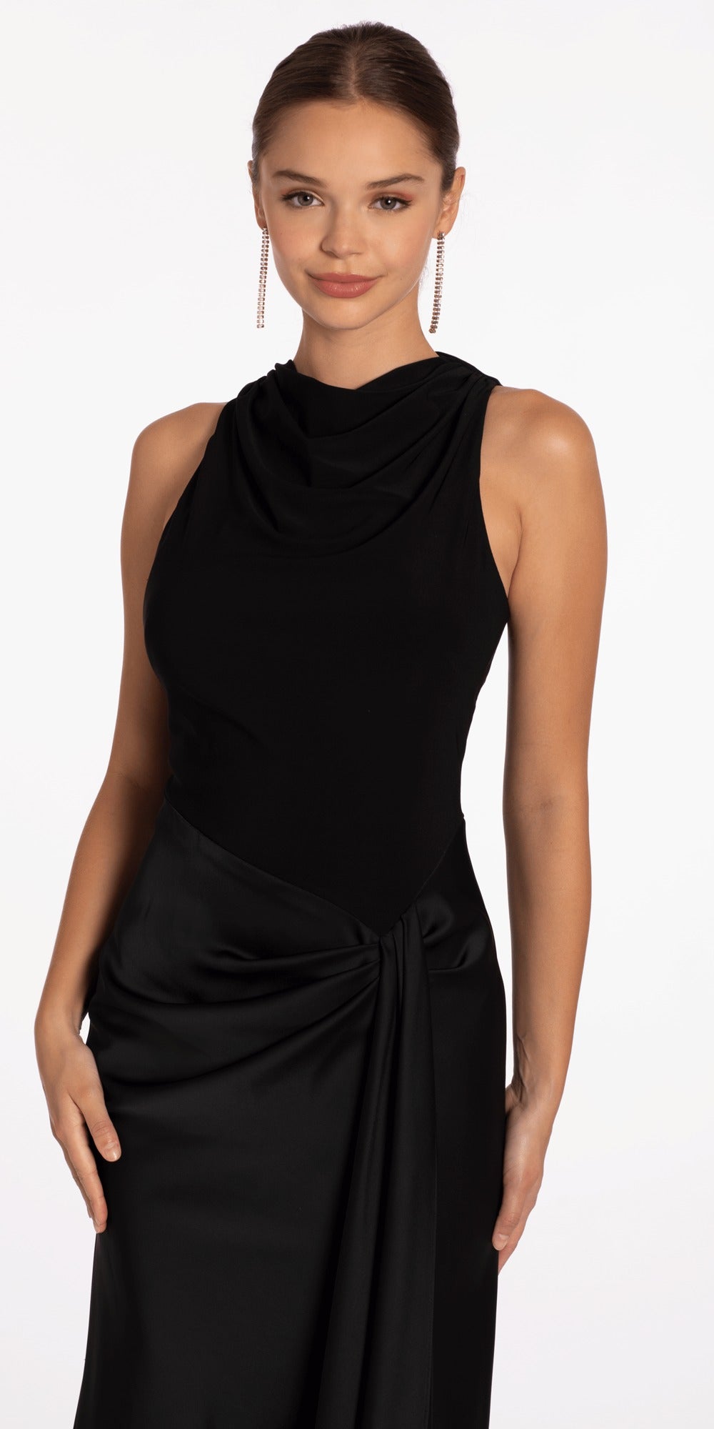 Drape Neck Jersey and Satin Column Dress with Side Sash