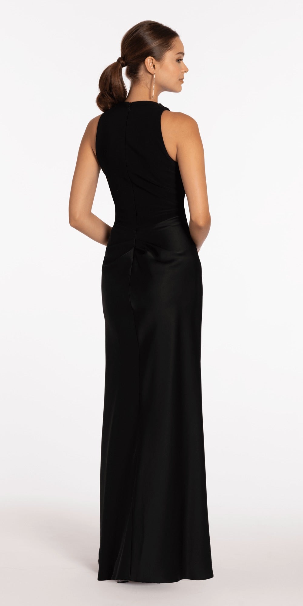 Drape Neck Jersey and Satin Column Dress with Side Sash