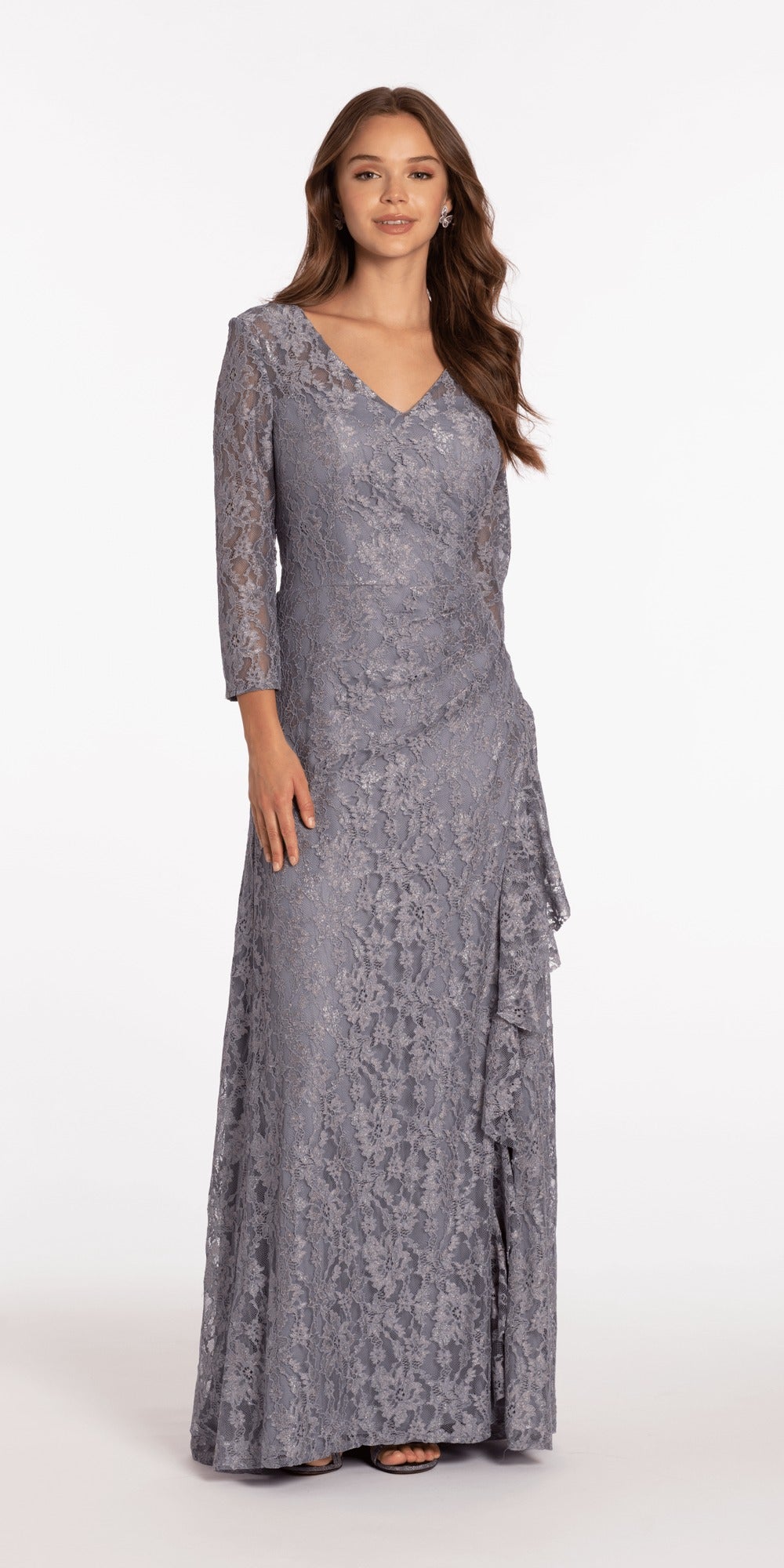 Metallic One Shoulder Pleated Lace Up Back Trumpet Dress with Side Cascade