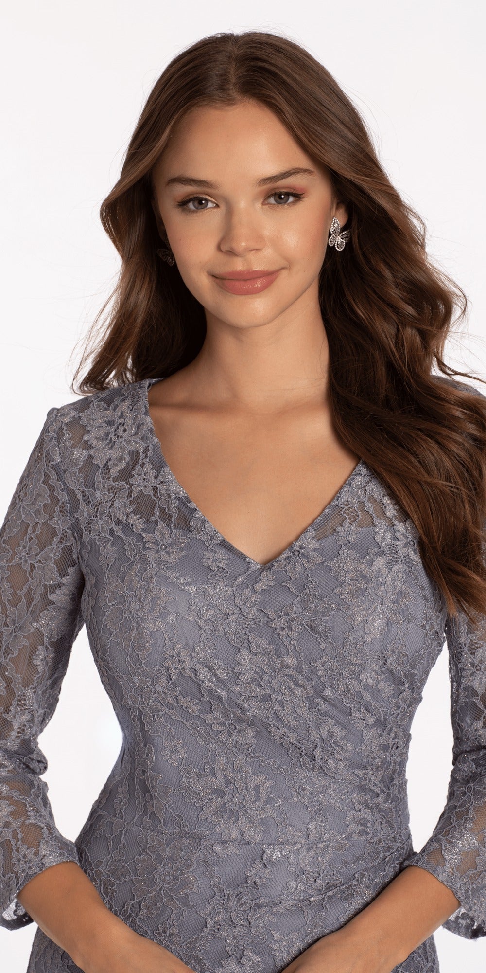 Metallic One Shoulder Pleated Lace Up Back Trumpet Dress with Side Cascade