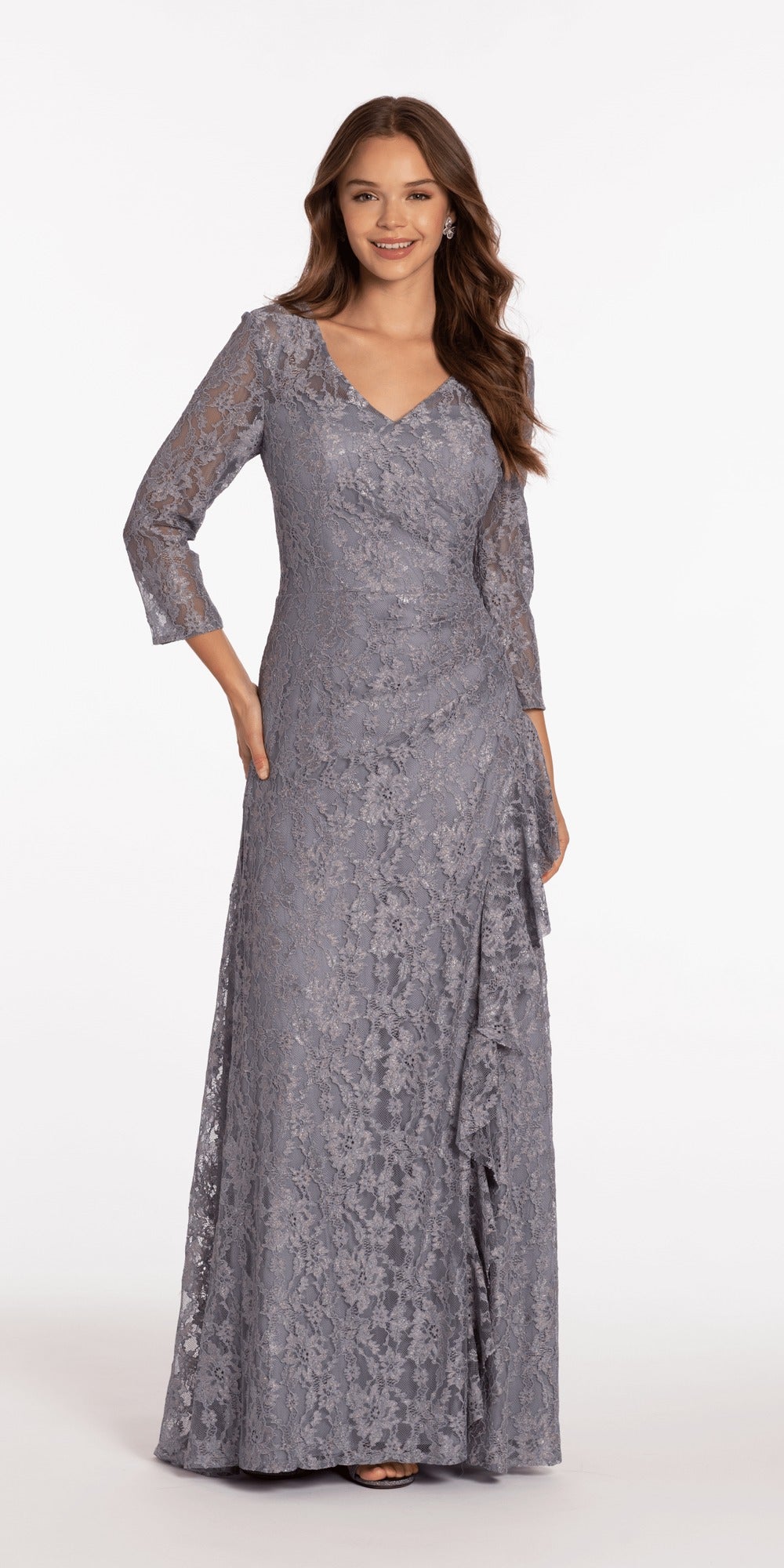 Metallic One Shoulder Pleated Lace Up Back Trumpet Dress with Side Cascade