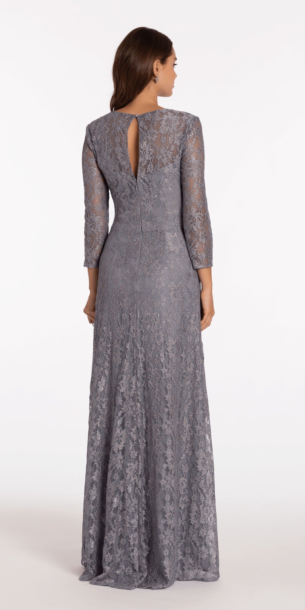 Metallic One Shoulder Pleated Lace Up Back Trumpet Dress with Side Cascade