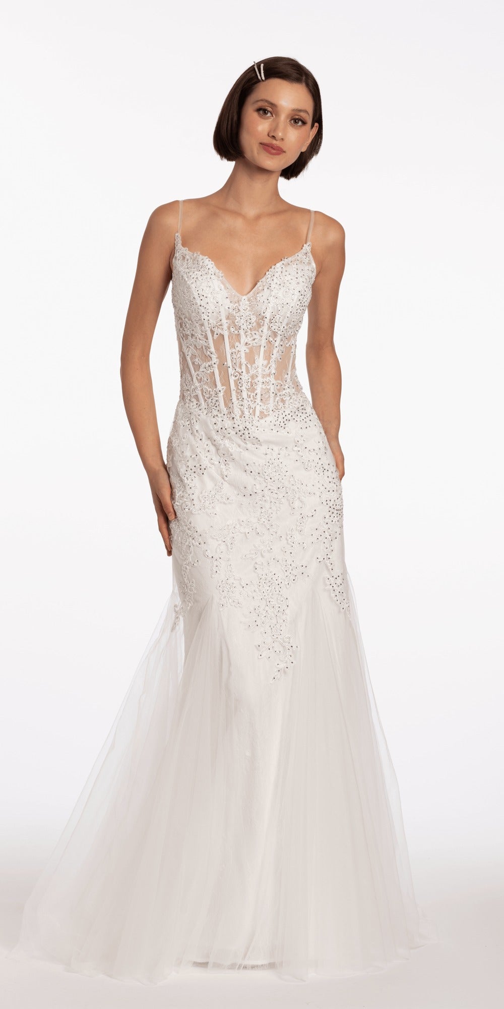 V Back Mesh Embroidered Mermaid Dress with Godets