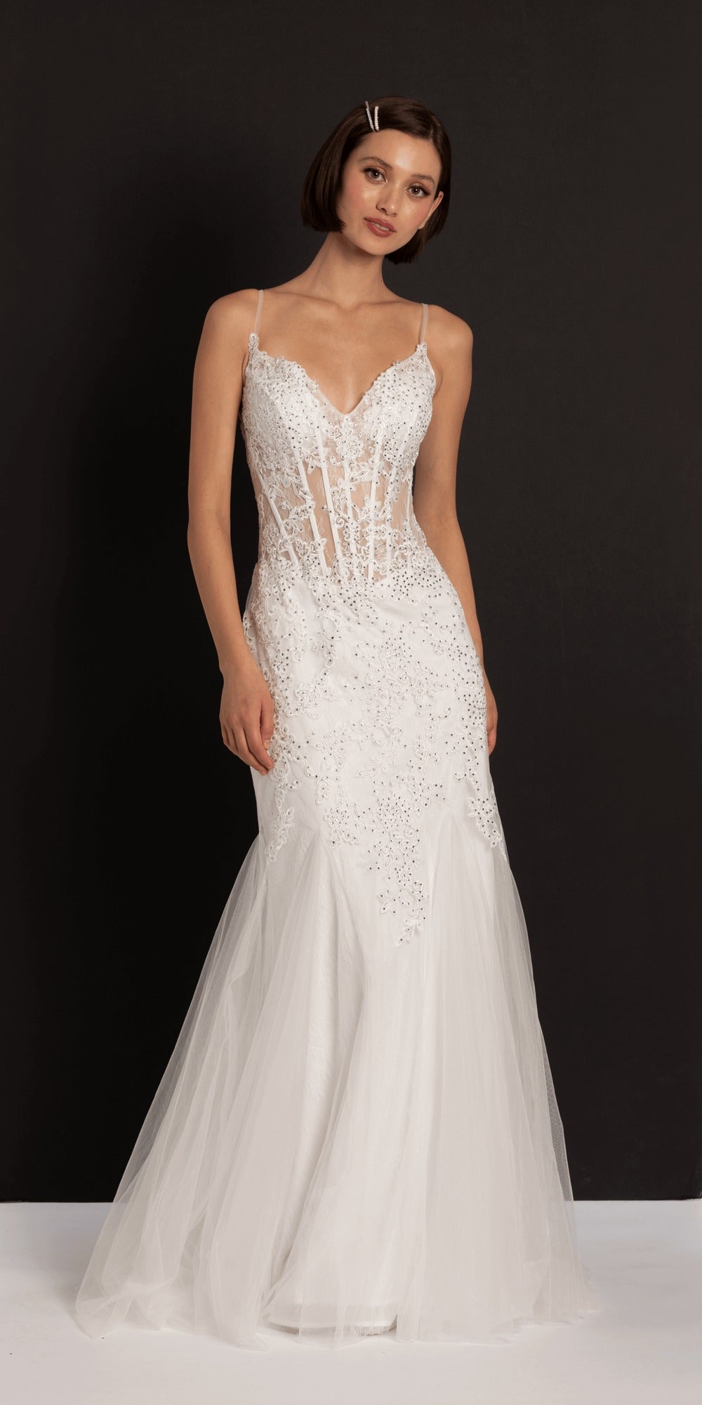 V Back Mesh Embroidered Mermaid Dress with Godets