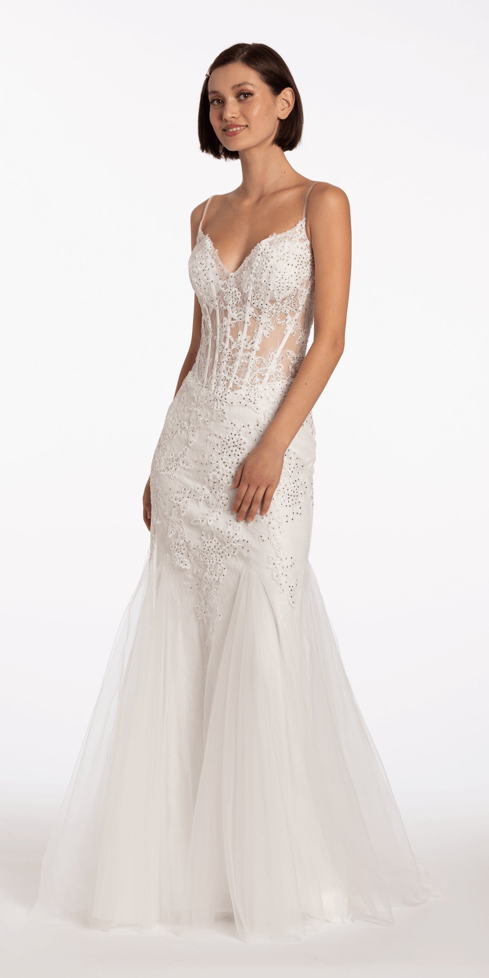 V Back Mesh Embroidered Mermaid Dress with Godets