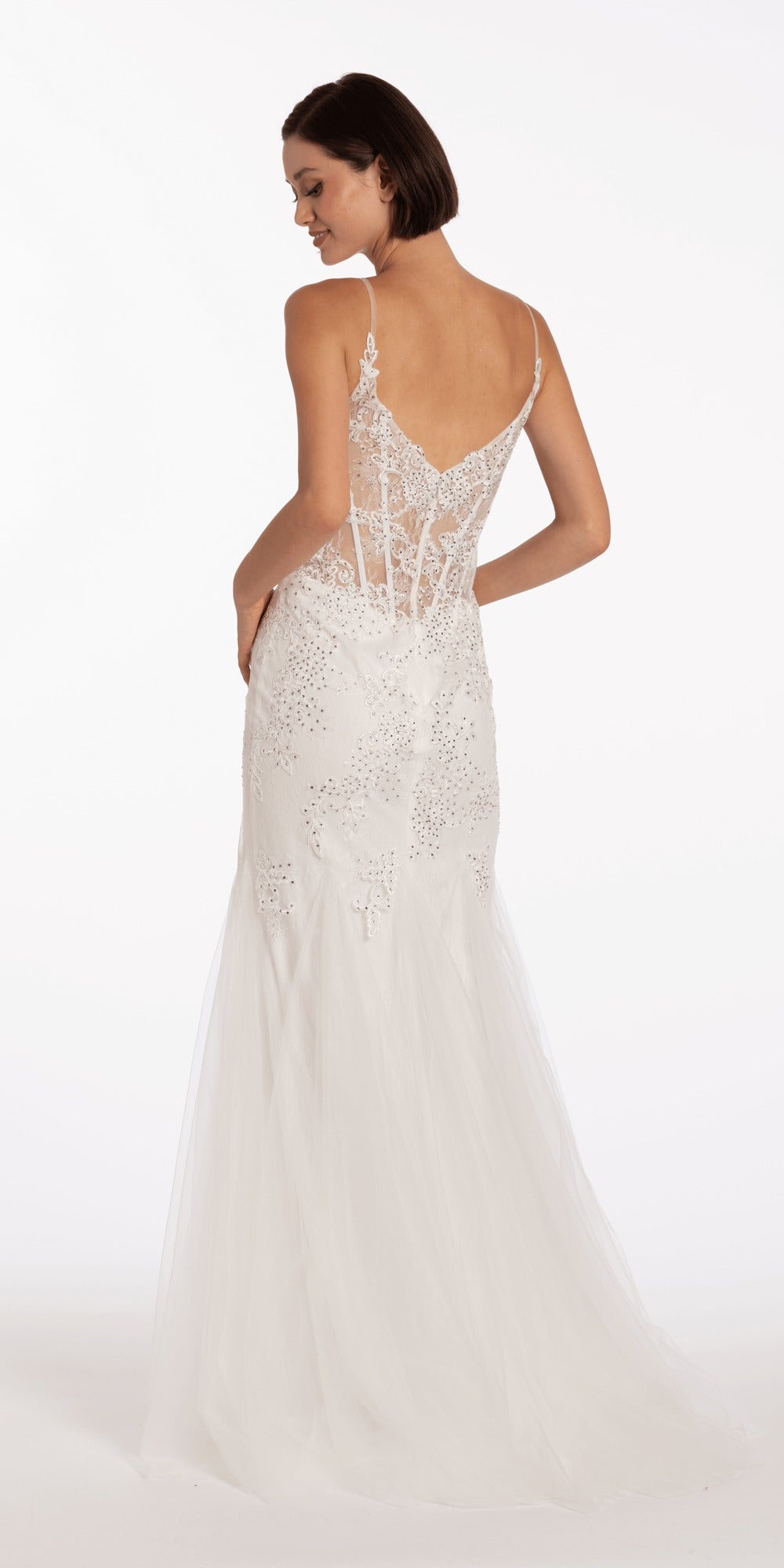 V Back Mesh Embroidered Mermaid Dress with Godets