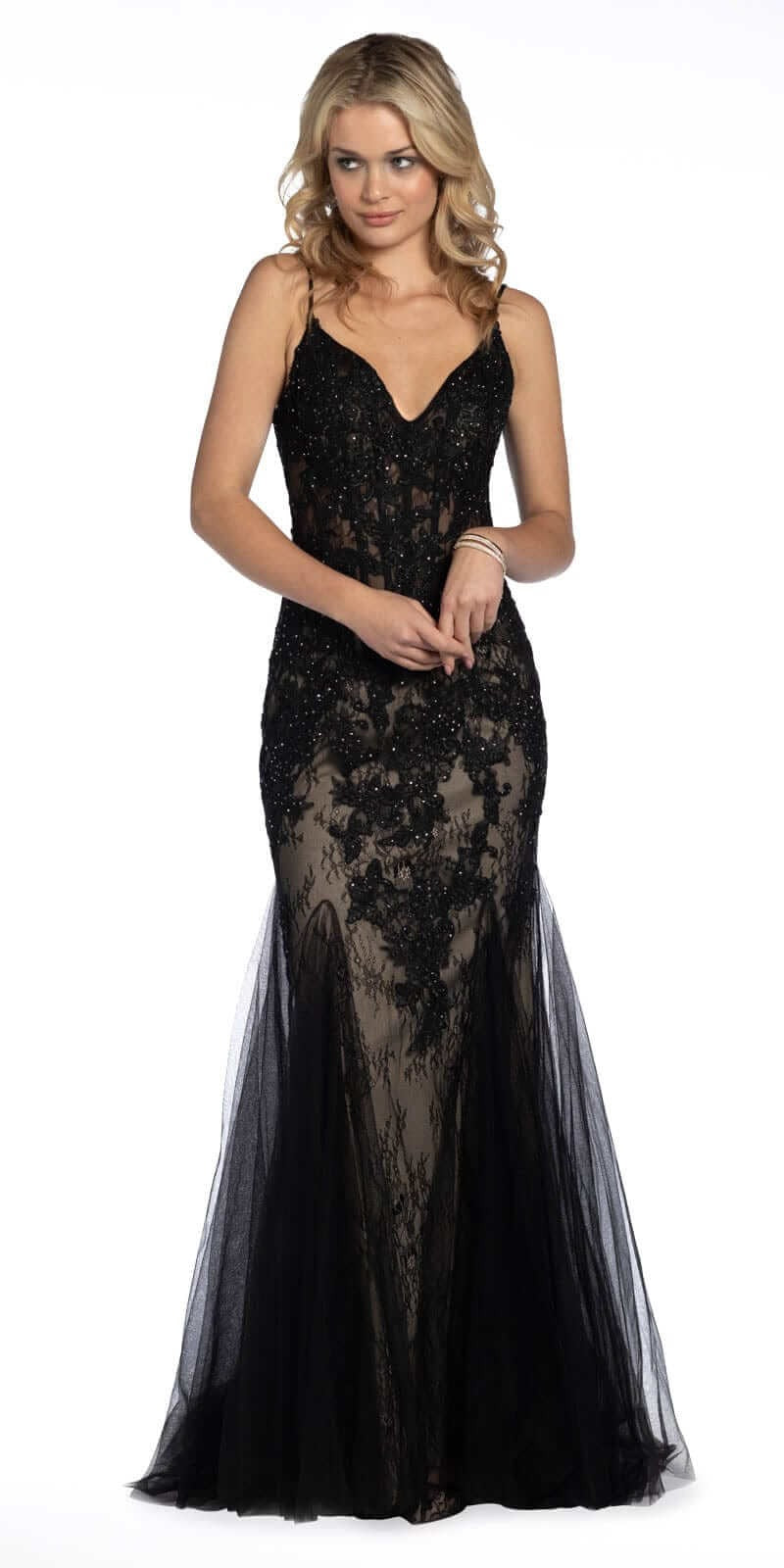 V Back Mesh Embroidered Mermaid Dress with Godets