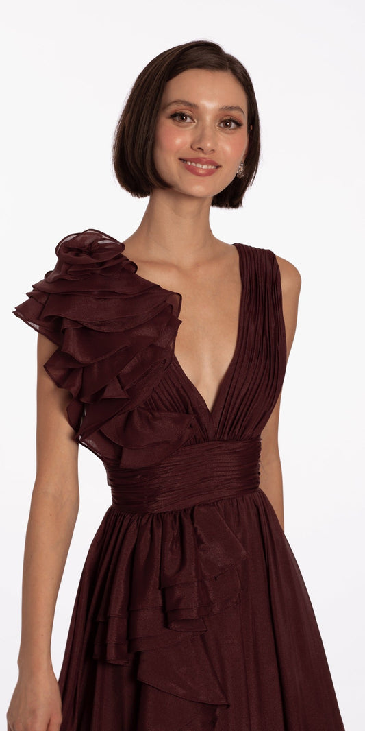 Two Tone Ruffle Off the Shoulder Crepe Trumpet Dress