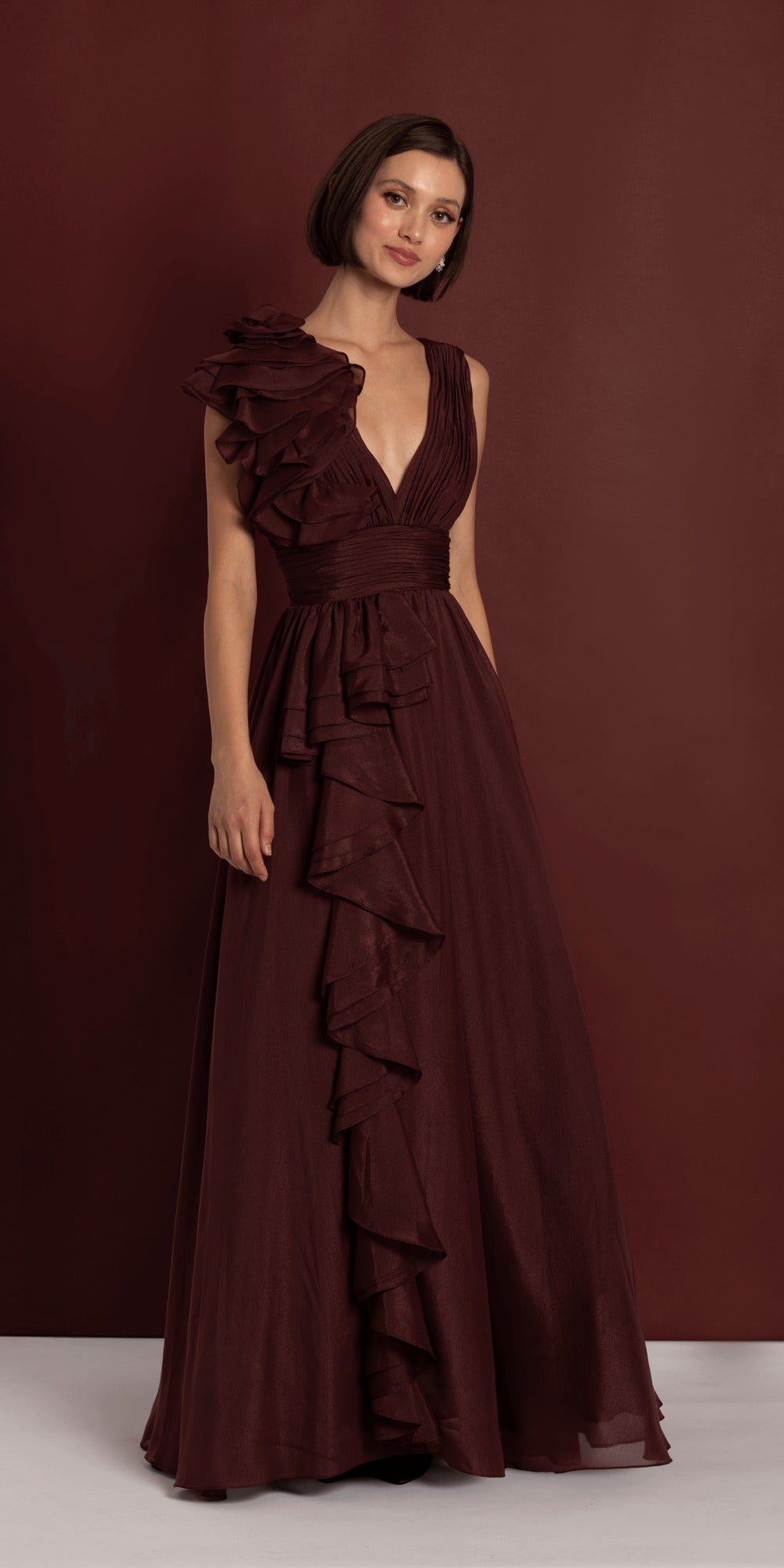 Two Tone Ruffle Off the Shoulder Crepe Trumpet Dress