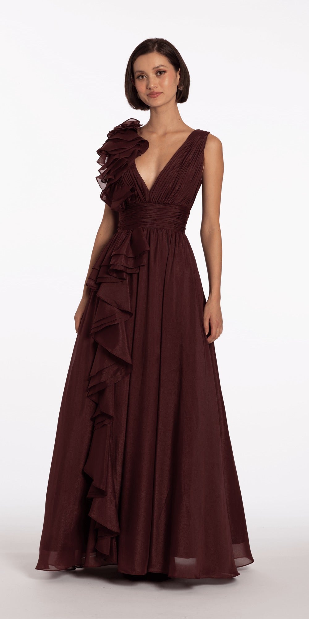 Two Tone Ruffle Off the Shoulder Crepe Trumpet Dress