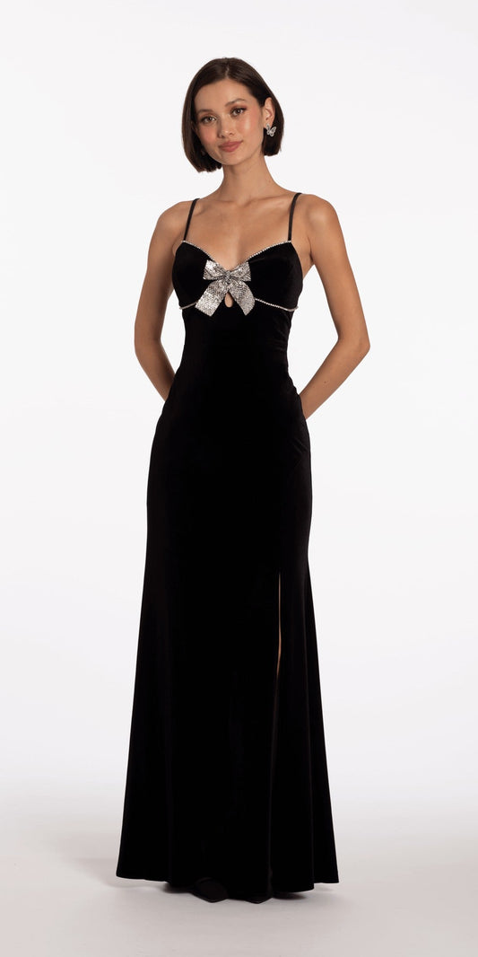 Velvet Sweetheart Column Dress with Rhinestone Bow