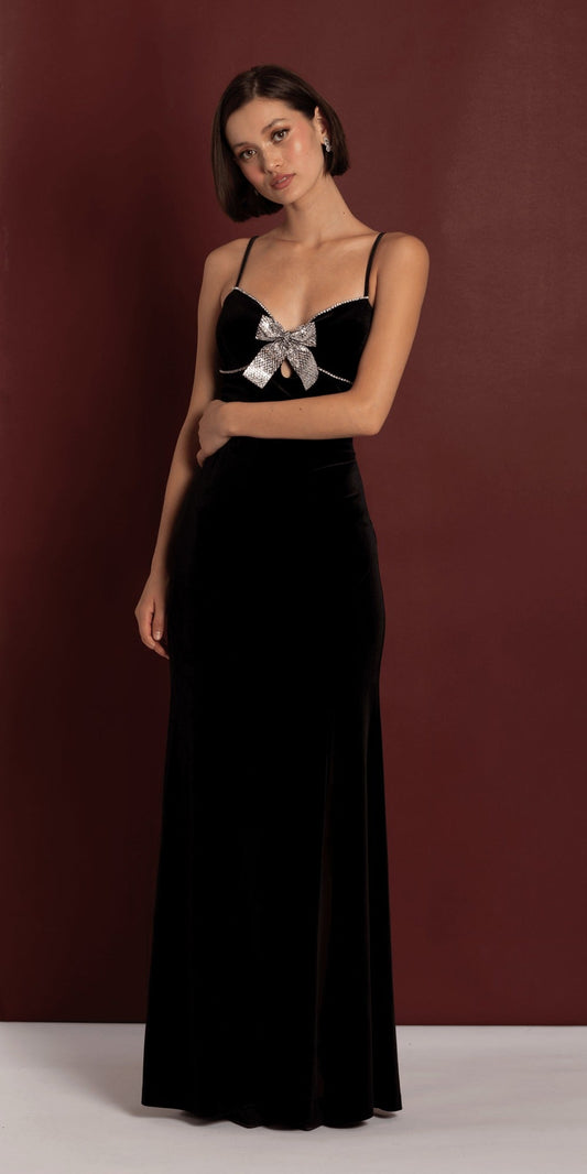 Lace Up Back Strapless Scuba Trumpet Dress with Rhinestone Detail