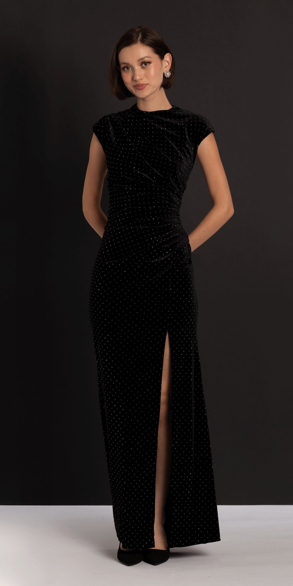 Lace Up Back Strapless Scuba Trumpet Dress with Rhinestone Detail