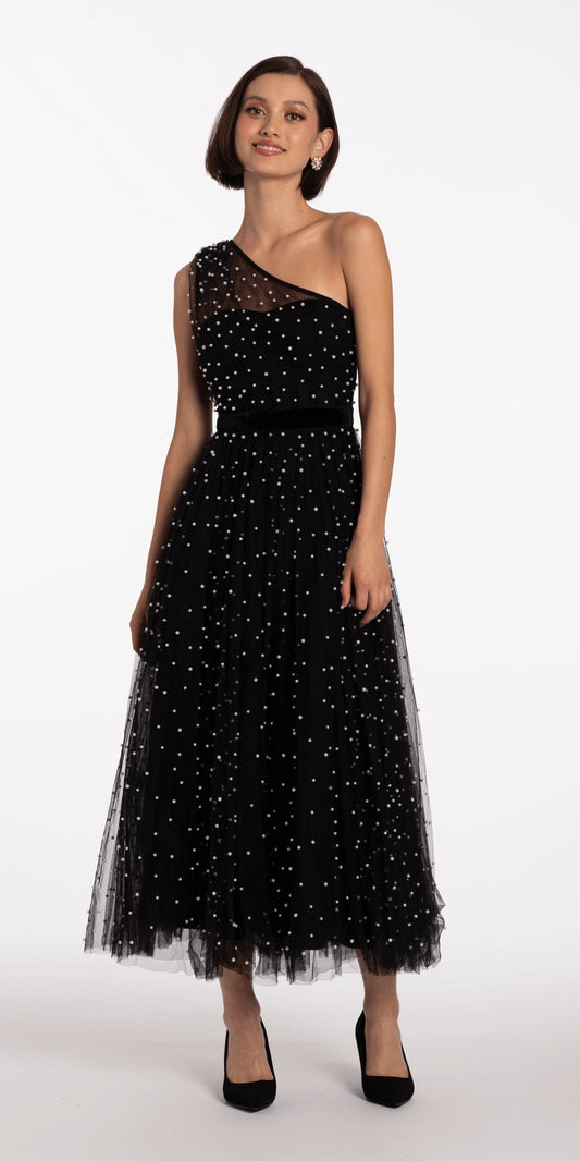 Jersey Jacquard One Shoulder Long Sleeve Ballgown with Pockets