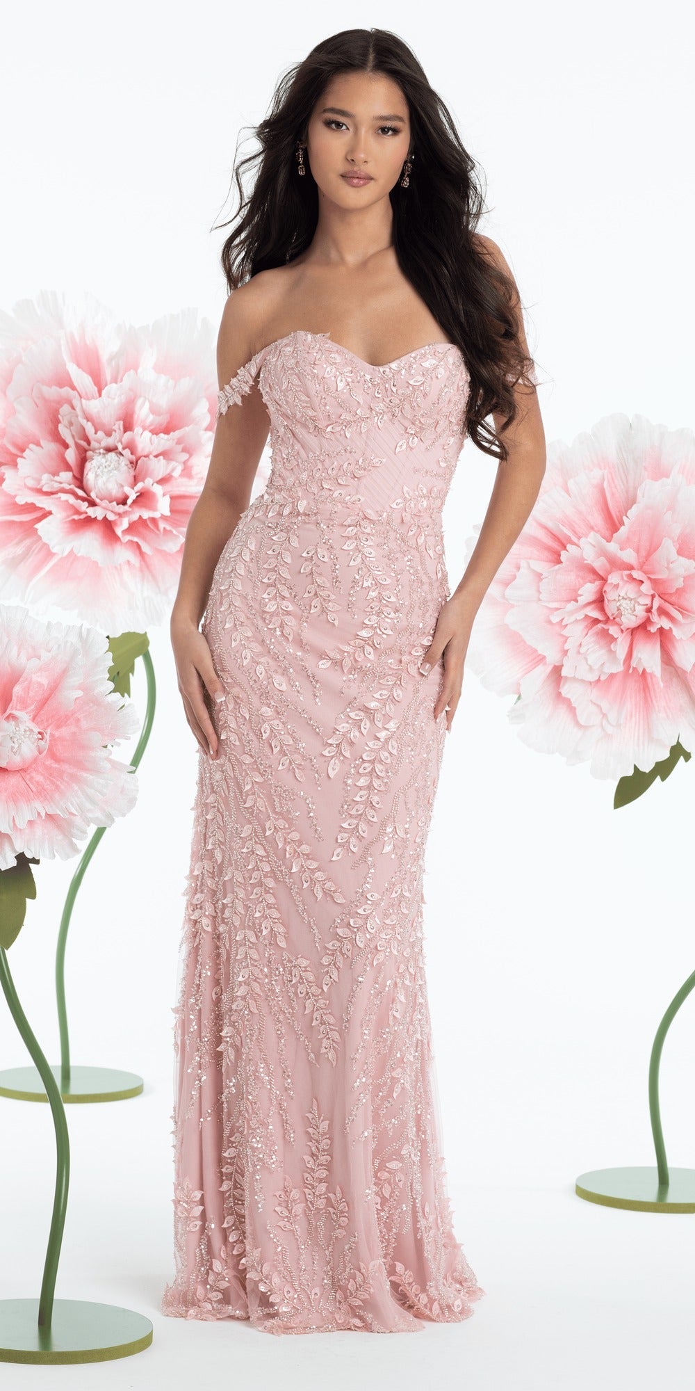 Pointed Rhinestone Satin Strapless Corset Column Dress