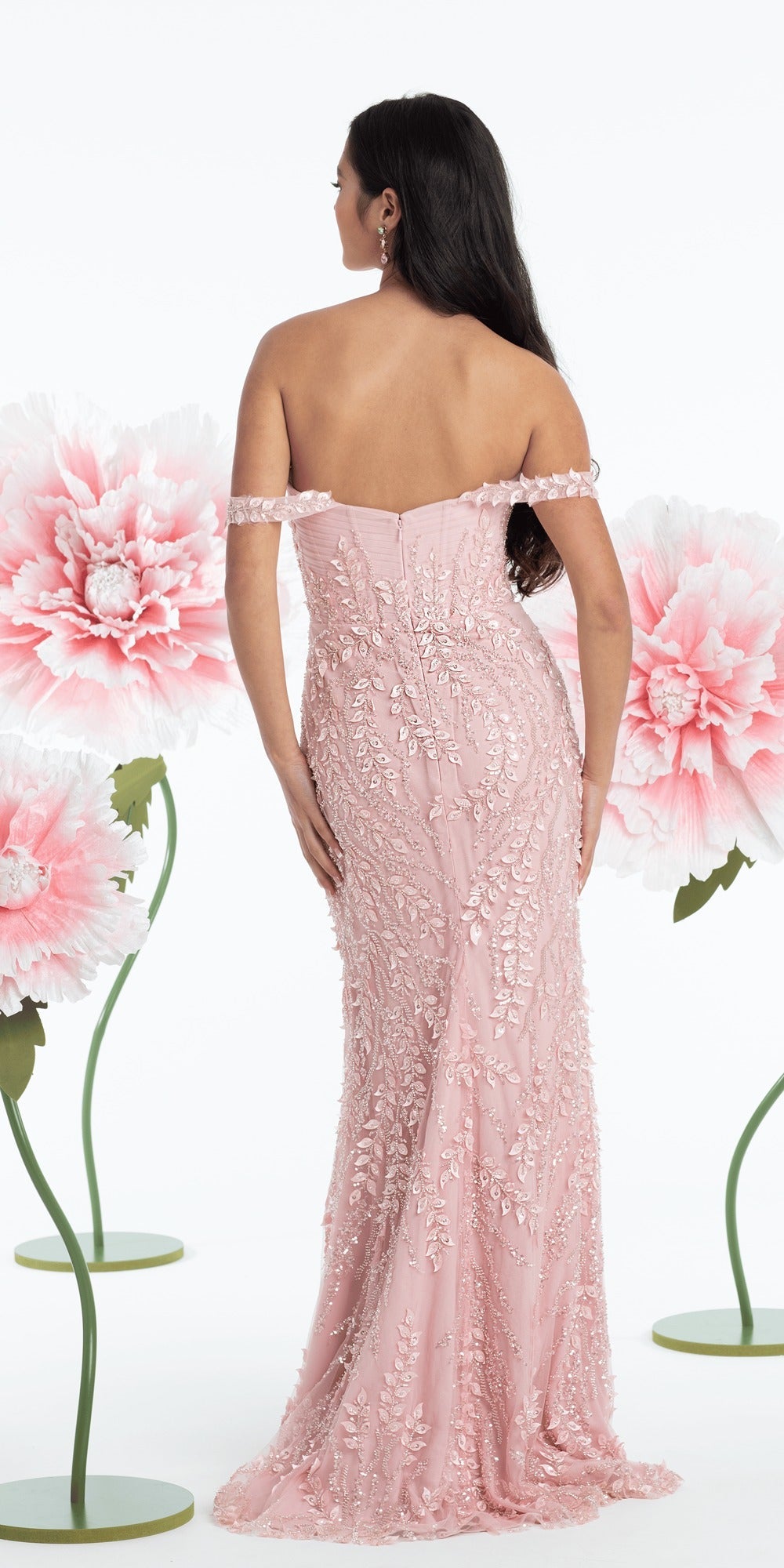 Satin Embroidered Strapless Column Dress with Side Drape