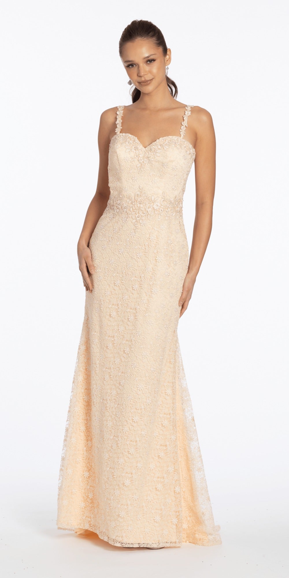 Satin Embroidered Strapless Column Dress with Side Drape