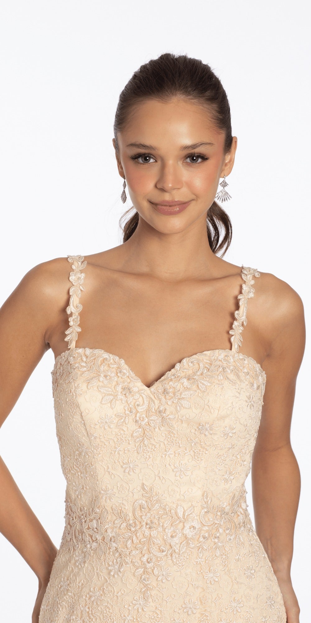 Satin Embroidered Strapless Column Dress with Side Drape
