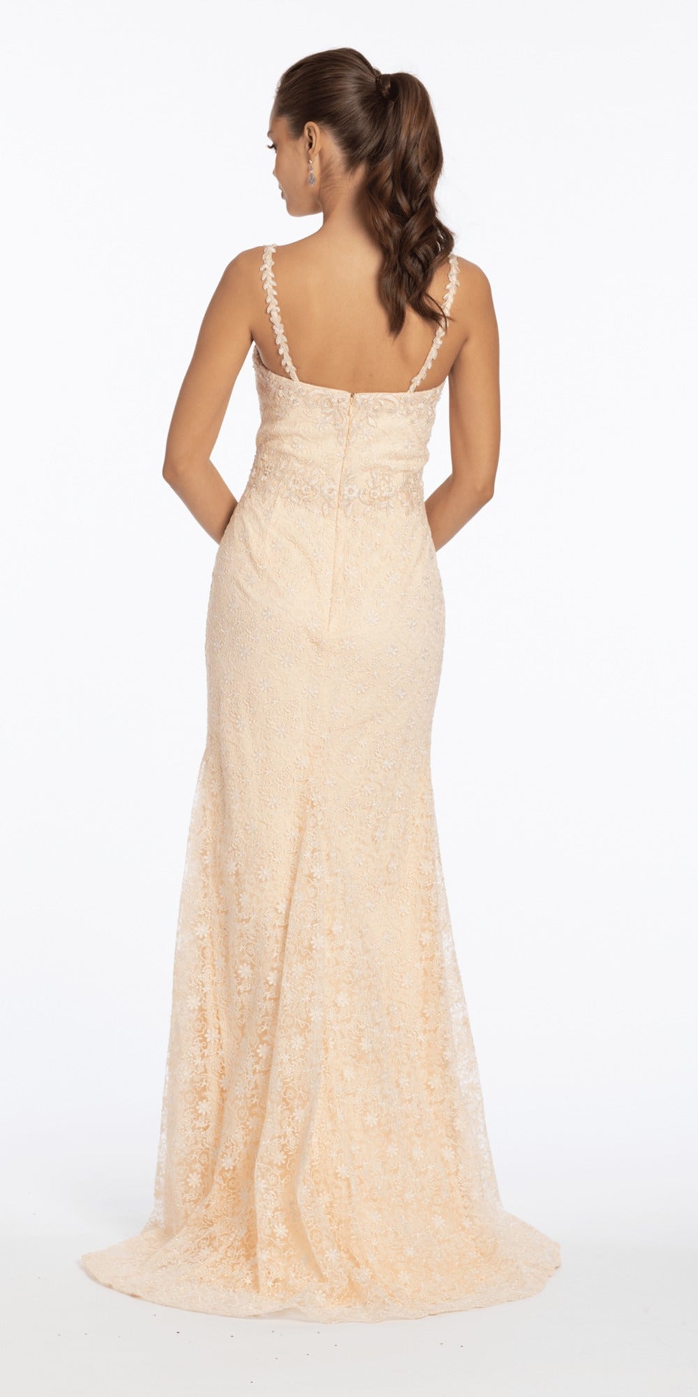 Pointed Embroidered Strapless Satin Corset Column Dress