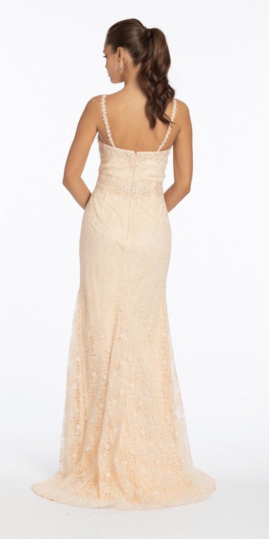Pointed Embroidered Strapless Satin Corset Column Dress