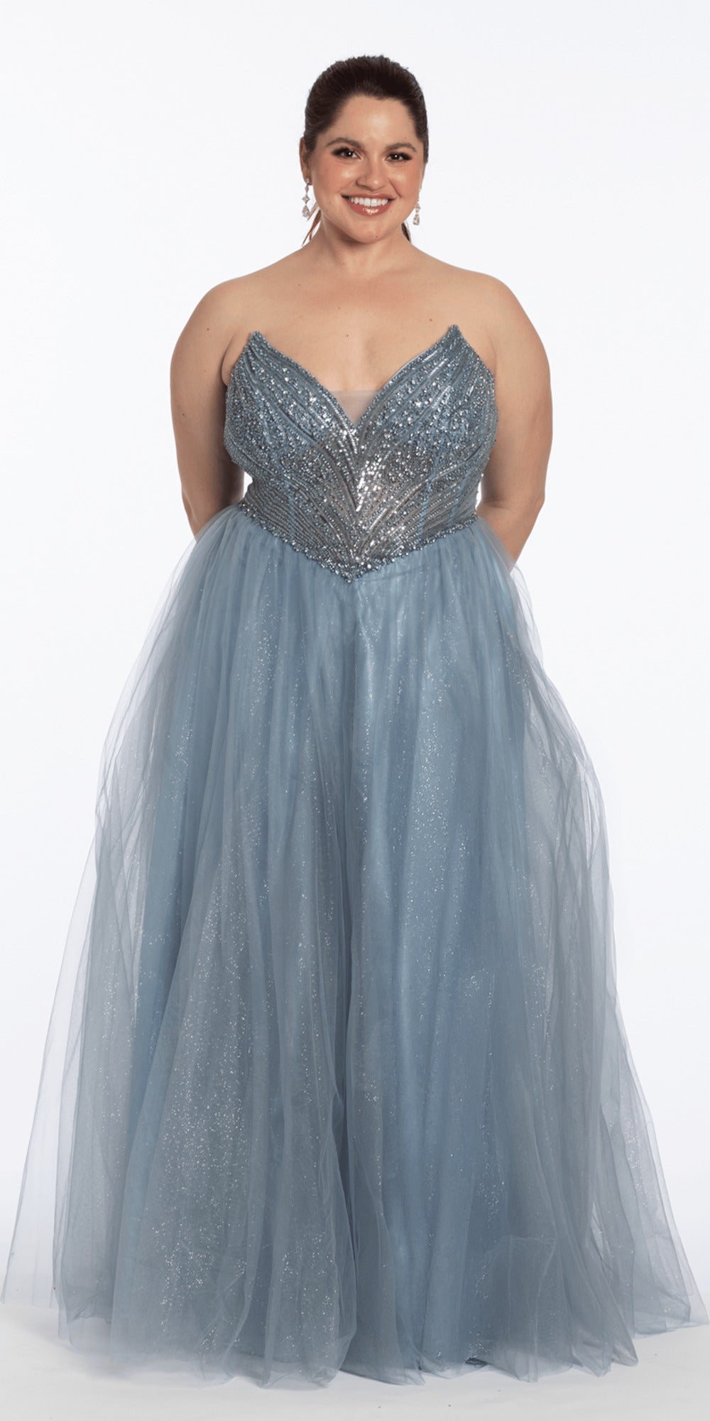 Strapless Tiered Mesh Ballgown with Keyhole and Beading