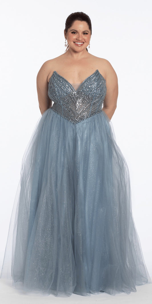 Strapless Tiered Mesh Ballgown with Keyhole and Beading
