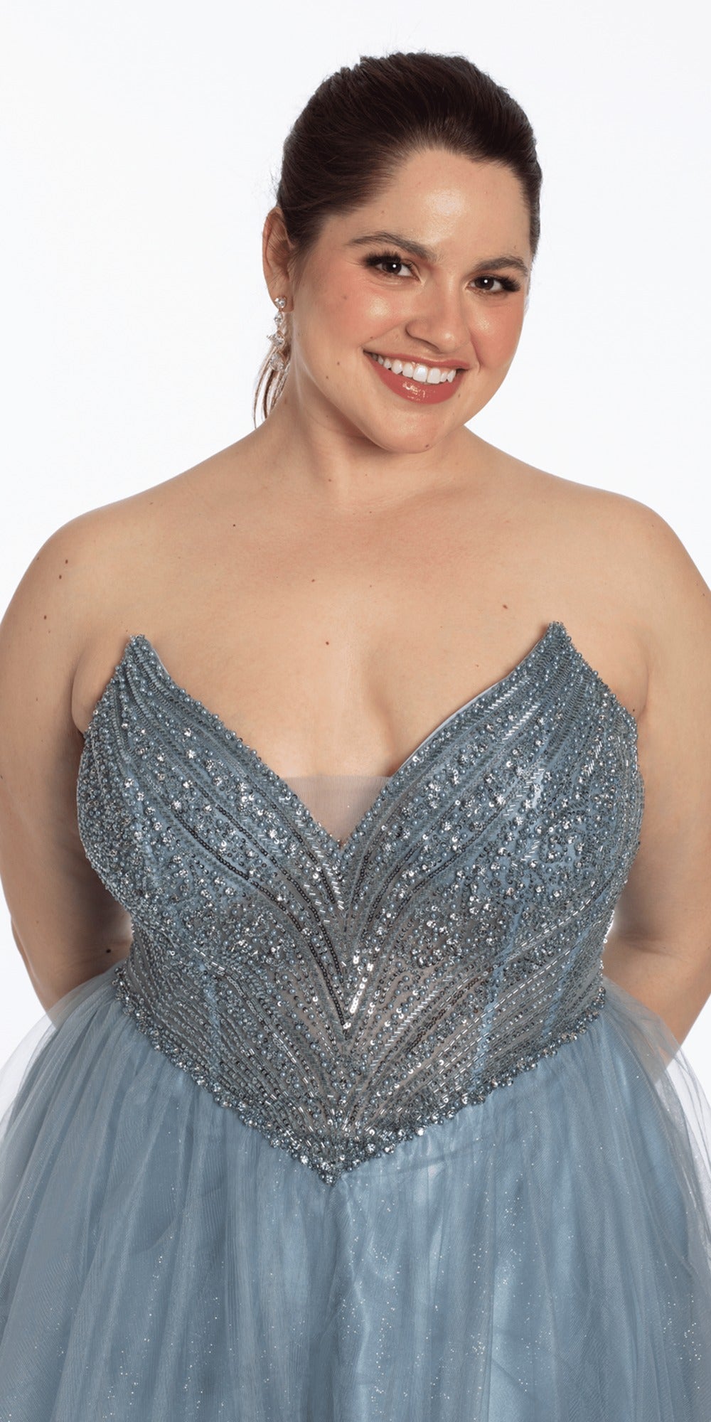 Strapless Tiered Mesh Ballgown with Keyhole and Beading
