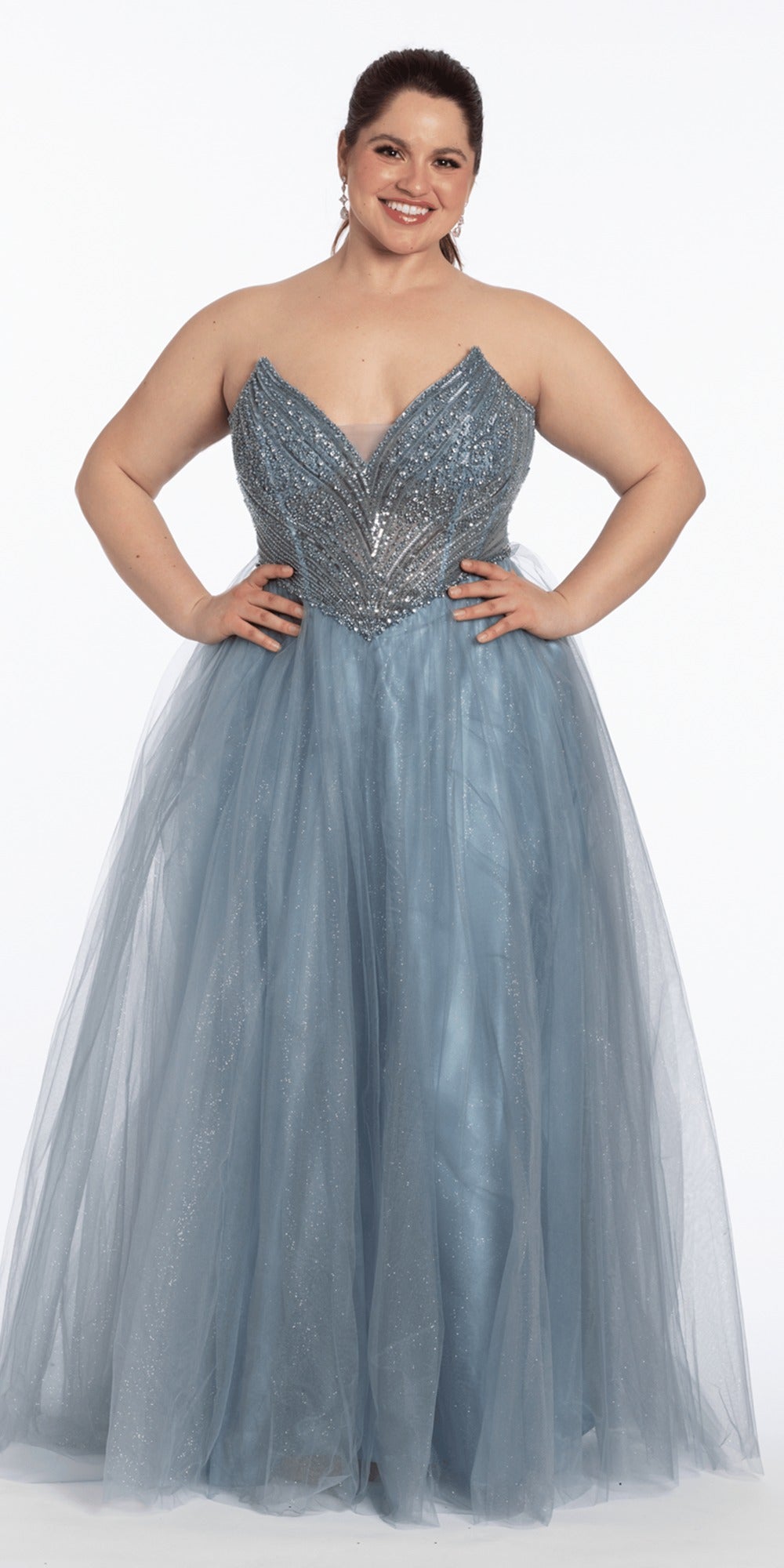 Strapless Tiered Mesh Ballgown with Keyhole and Beading