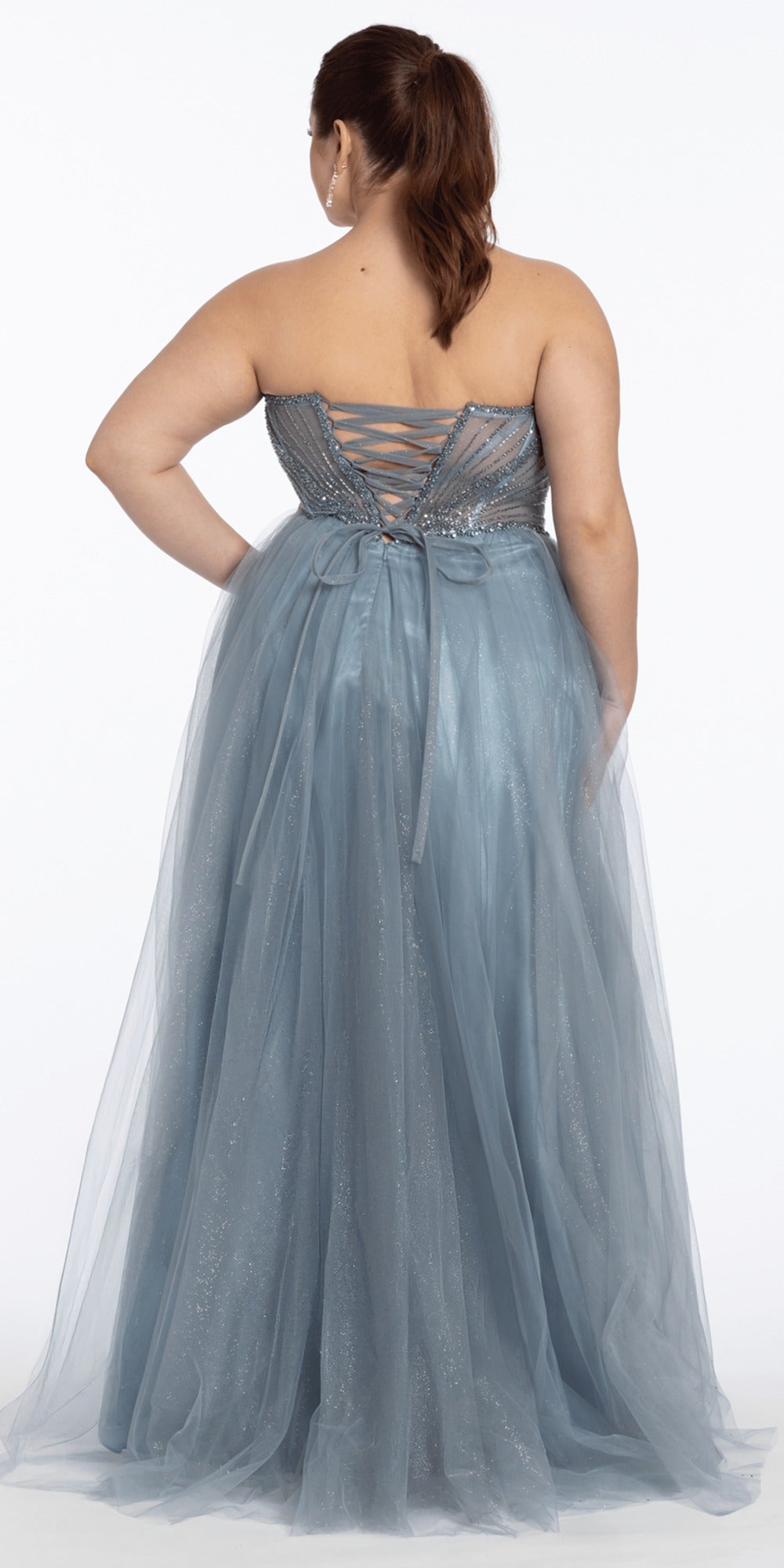 Strapless Tiered Mesh Ballgown with Keyhole and Beading