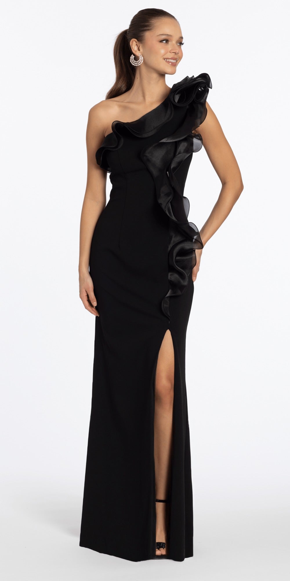 Satin Halter Drape Bodycon Dress with Metal Accent