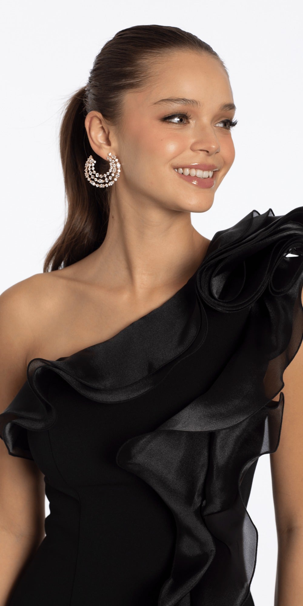 Satin Halter Drape Bodycon Dress with Metal Accent