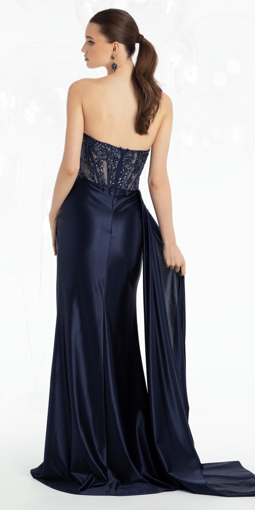 Satin Tie Back Crepe Dress with Asymmetrical Tiered Hem Dress