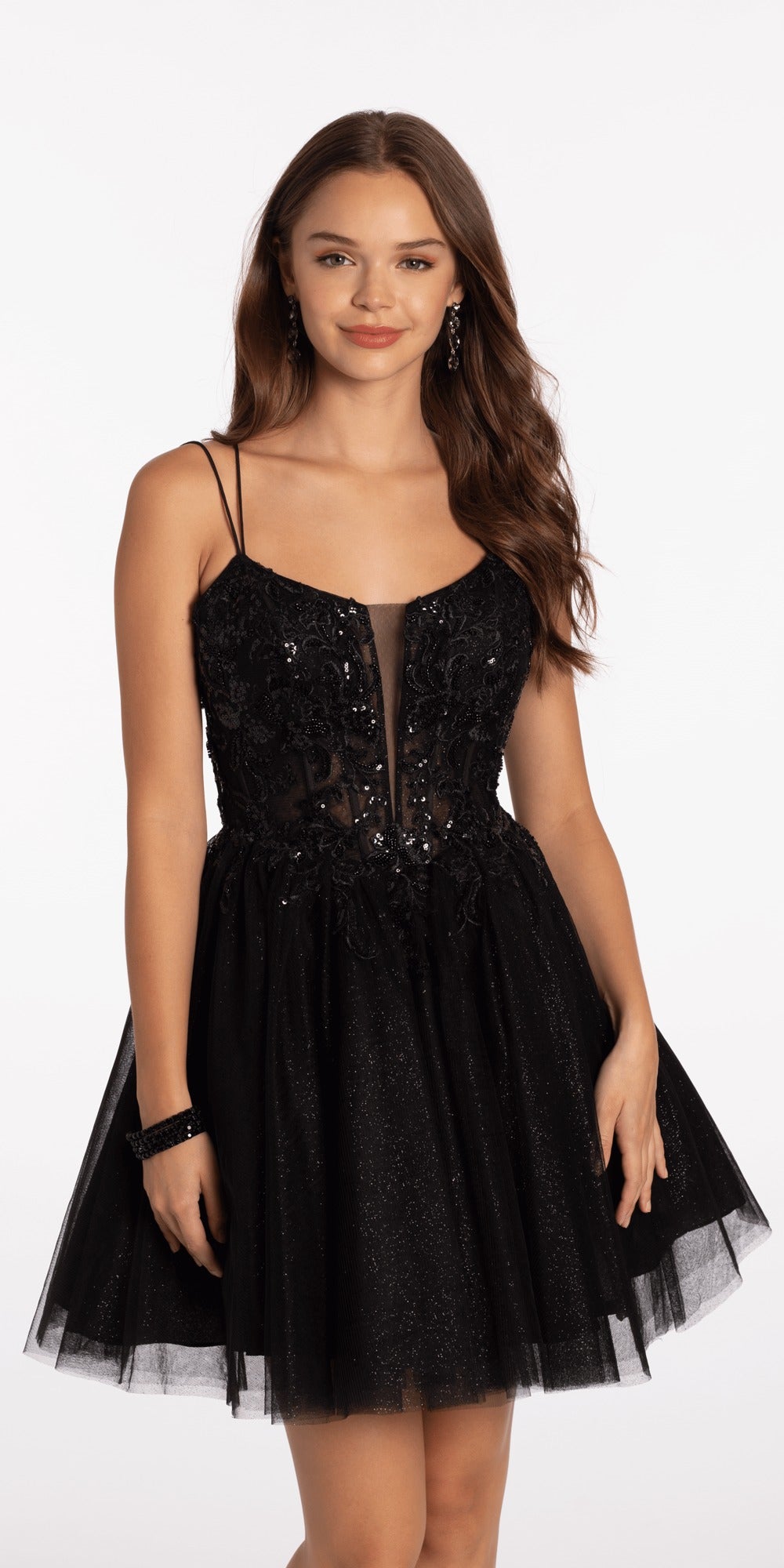 Rhinestone Satin Mock Two Piece Corset Column Dress with Side Train