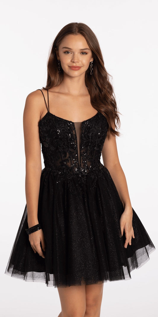 Rhinestone Satin Mock Two Piece Corset Column Dress with Side Train