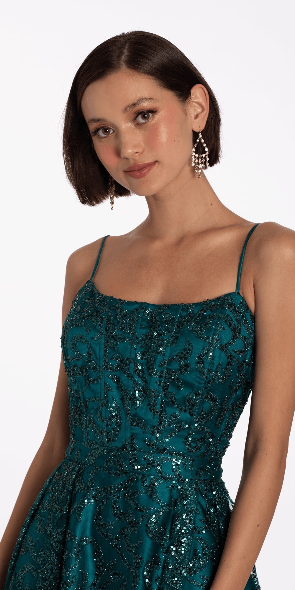Rhinestone Illusion Strapless Glitter Corset Trumpet Dress with Shawl