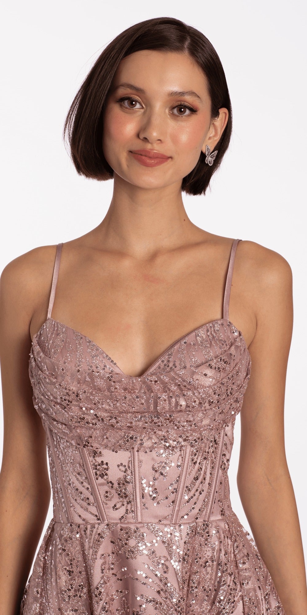 Satin Plunge Trumpet Dress with Side Ruching and Heat Set Stones