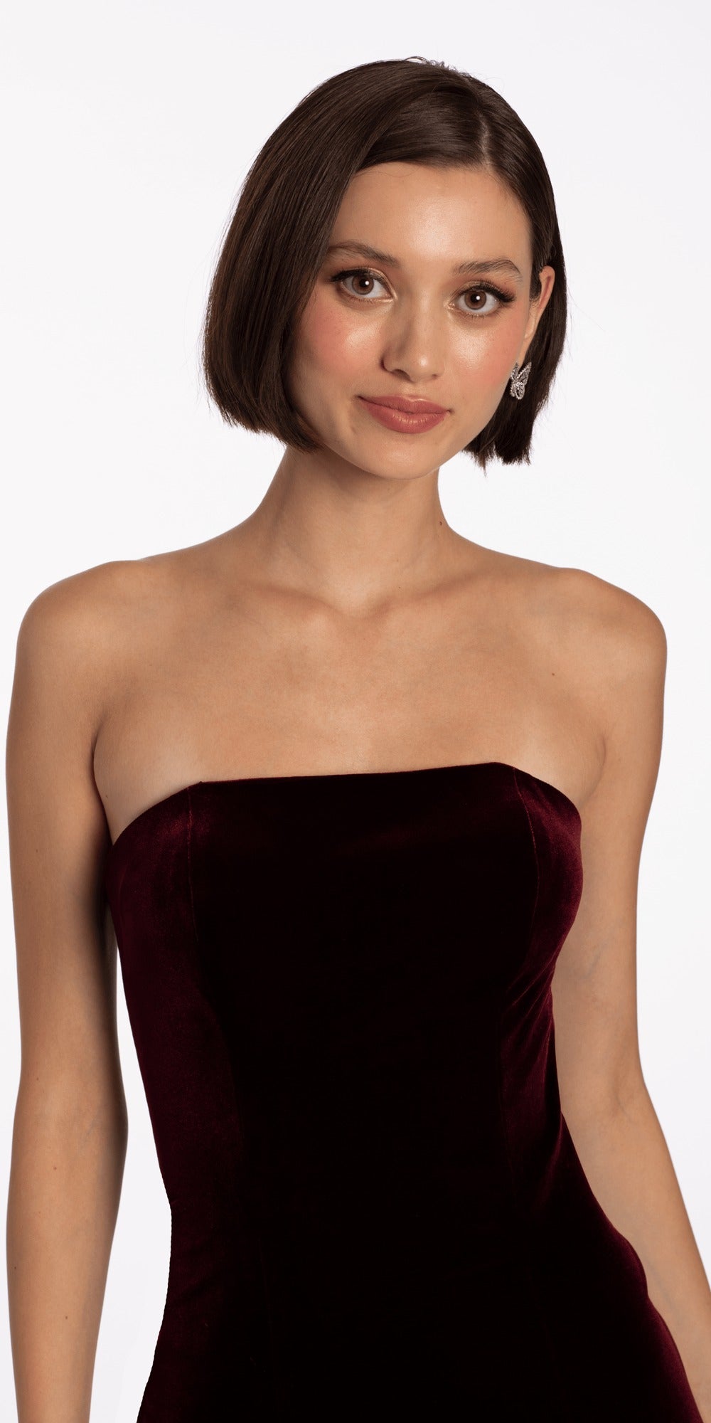 Stretch Sateen Shimmer Plunge Trumpet Dress with Sweep Train
