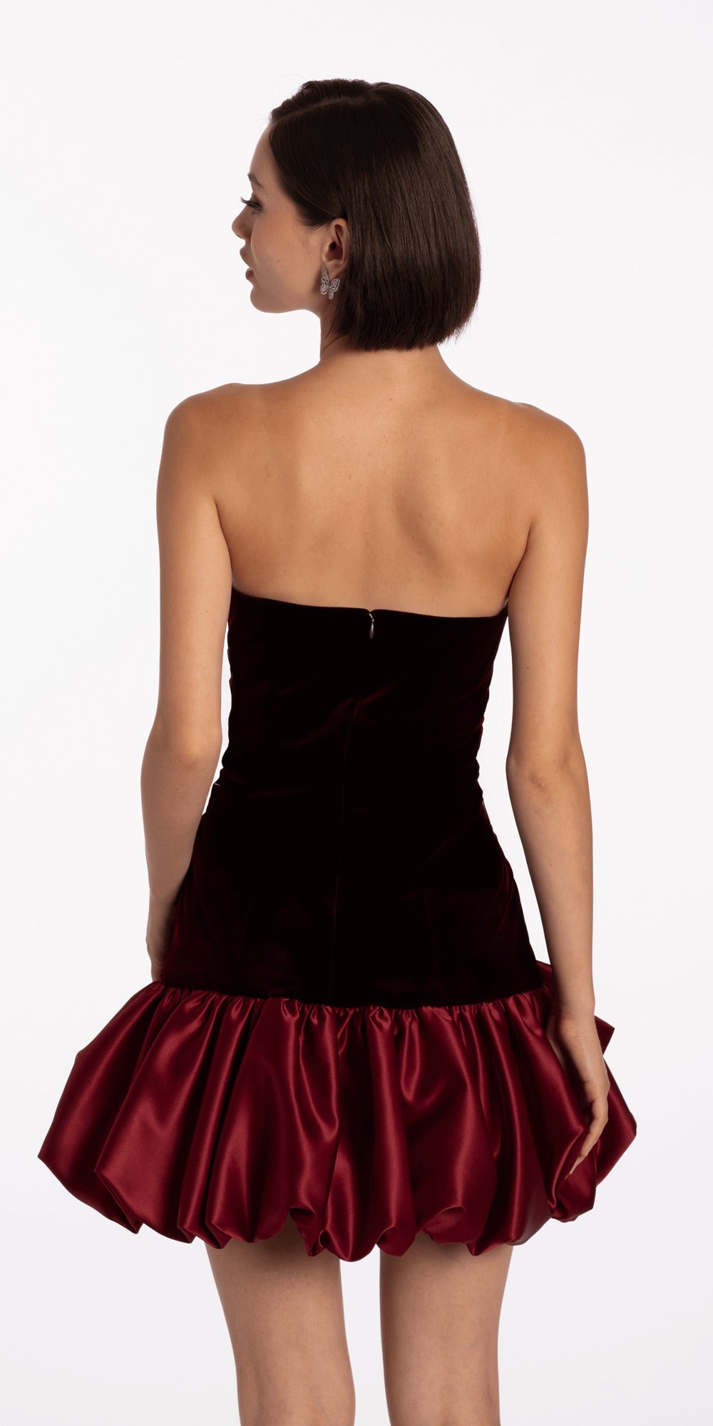 Stretch Sateen Shimmer Plunge Trumpet Dress with Sweep Train