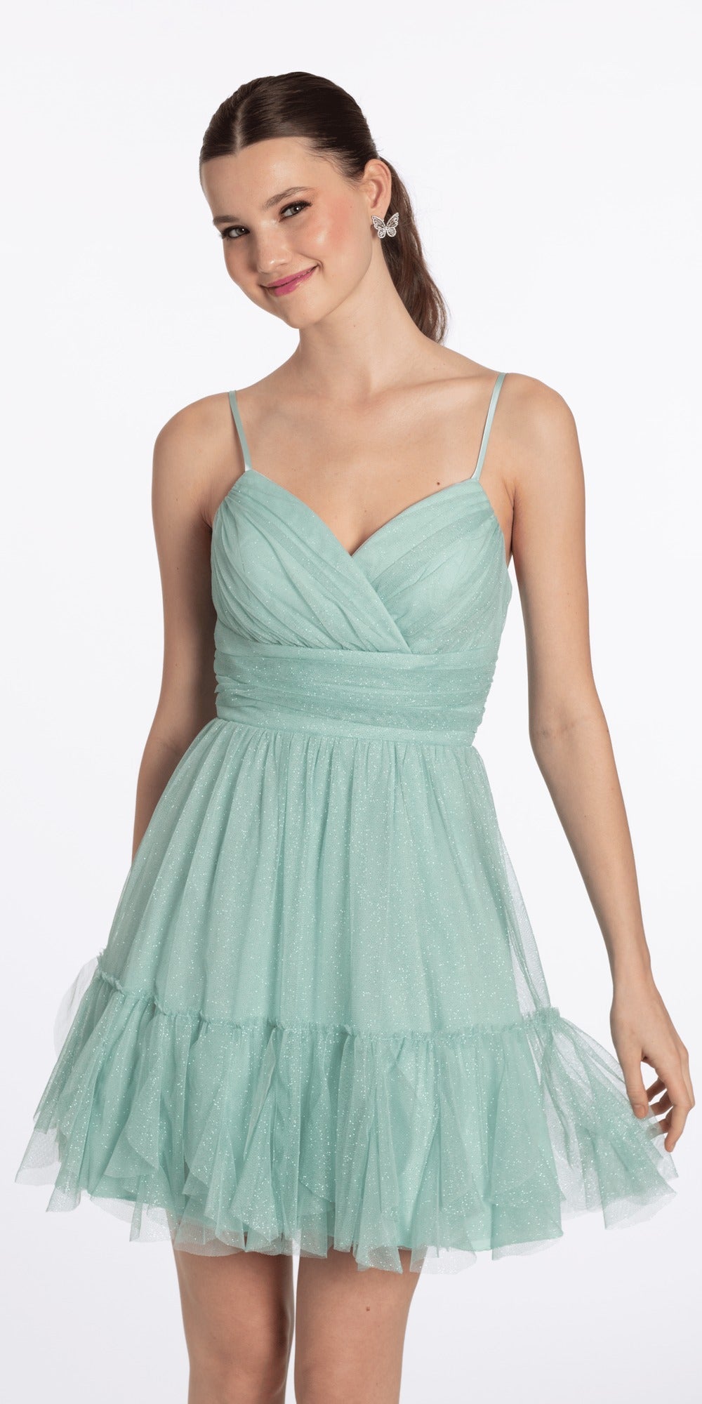 Stretch Satin Lace Up Back Dress with Train