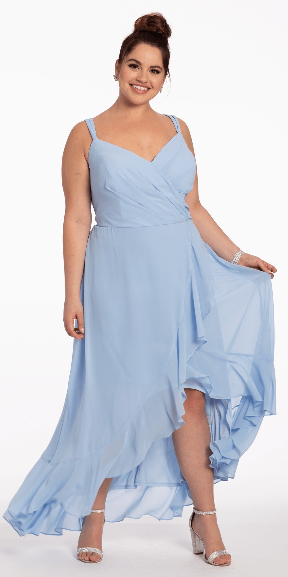 Mesh Applique Plunging Lace Up A Line Dress