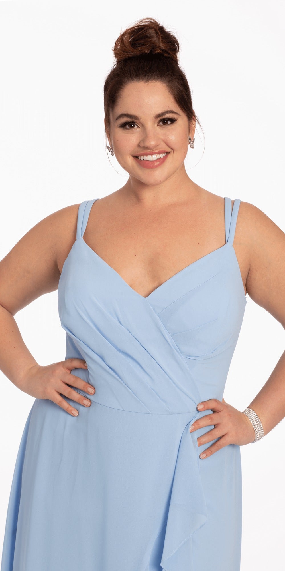 Two Tone Metallic Off the Shoulder Mock Wrap Dress