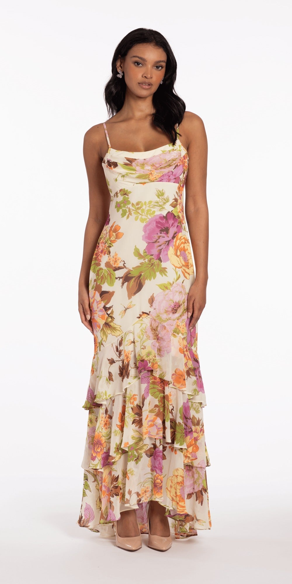 Chiffon Floral Print Ruffle Lace Up Back Dress