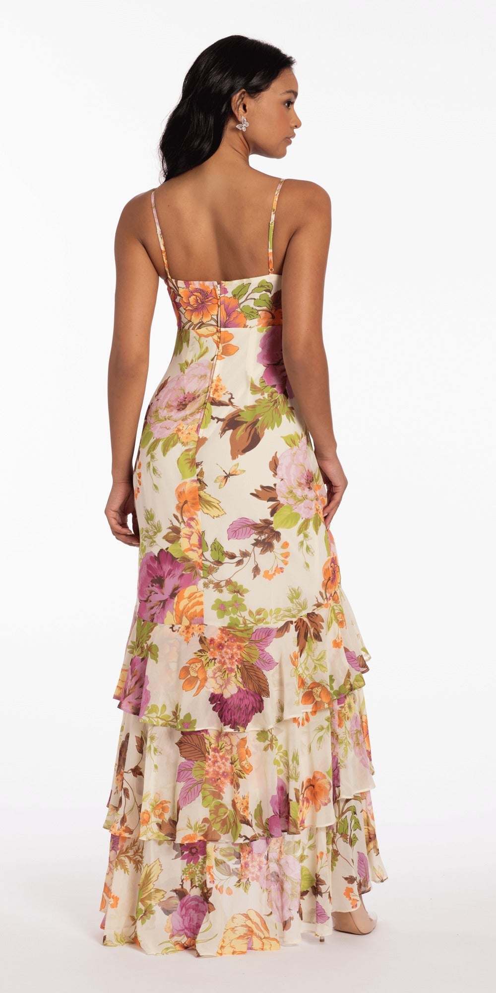 Chiffon Floral Print Ruffle Lace Up Back Dress